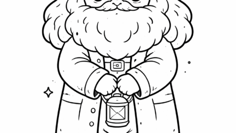 Free Cute Harry Potter Coloring Pages: Cute Chibi Hagrid standing calmly with a big beard simplified into soft shapes, friendly eyes, large gentle presence.
