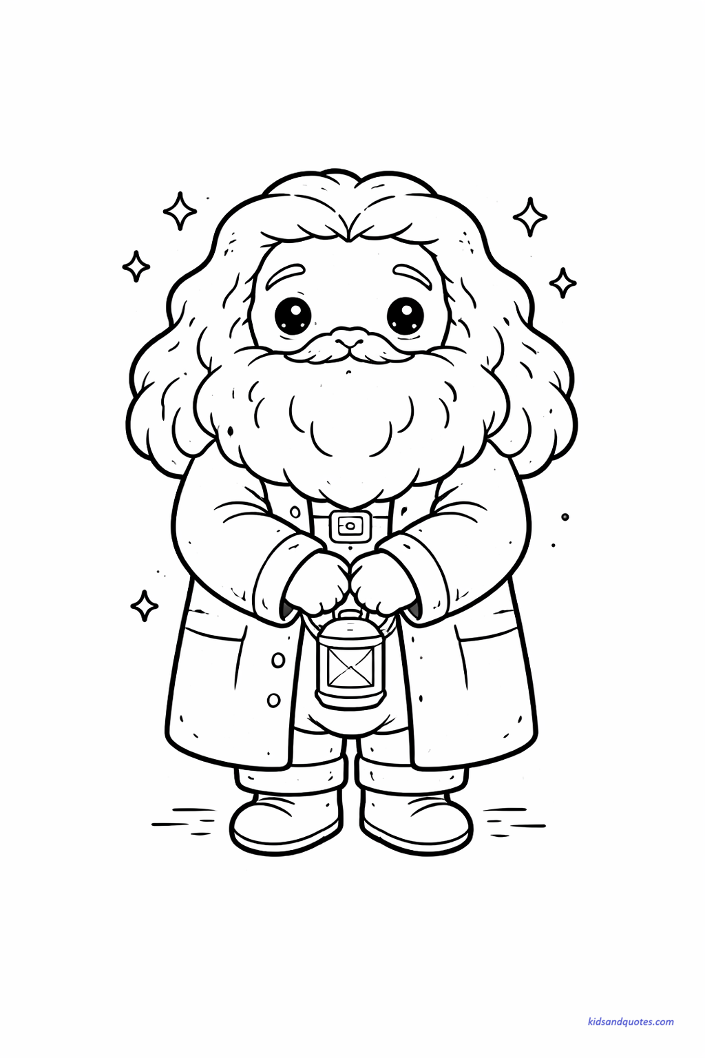 Free Cute Harry Potter Coloring Pages: Cute Chibi Hagrid standing calmly with a big beard simplified into soft shapes, friendly eyes, large gentle presence.