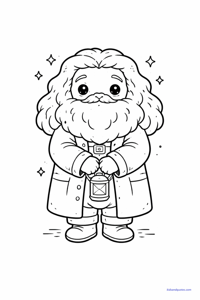Cute chibi Hagrid sitting or standing calmly with a big beard simplified into soft shapes, friendly eyes, large gentle presence.