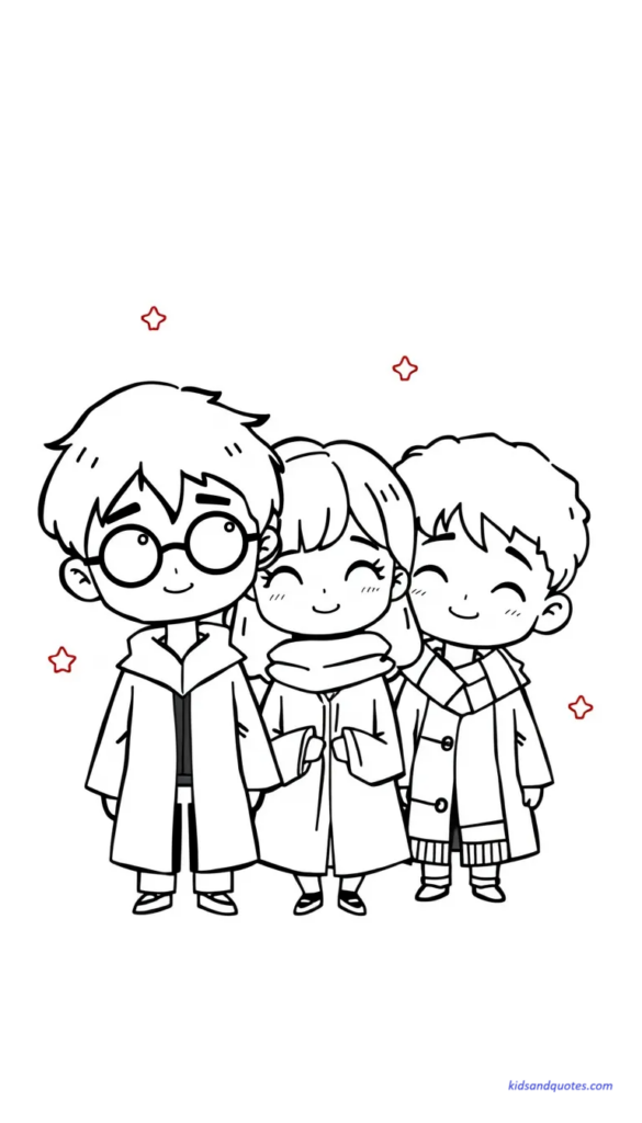 Coloring page of Harry, Hermione, and Ron standing close together, arms lightly touching, soft smiles, simple background stars.