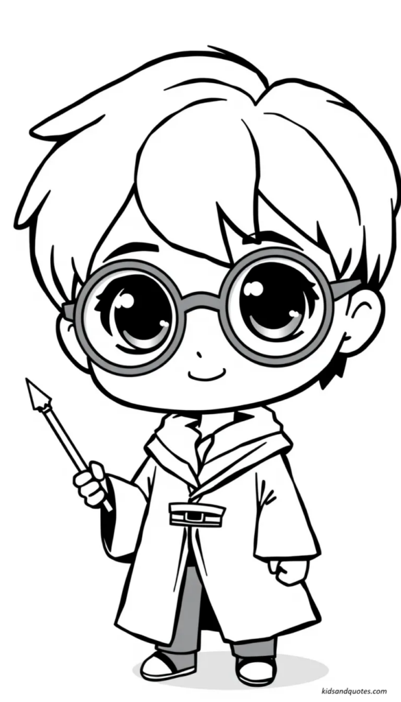 Free printable coloring page: Cute chibi Harry Potter standing with oversized round glasses and a small wand, gentle smile, simple robe.