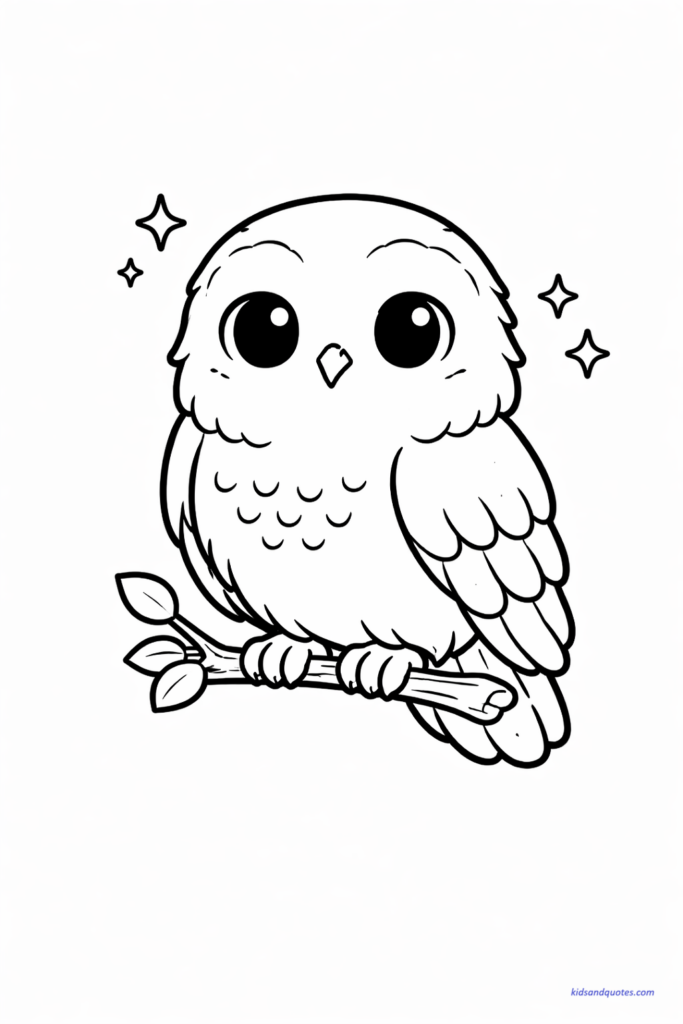 Coloring page of cute chibi Hedwig owl perched calmly with big round eyes, simplified feathers, peaceful pose.