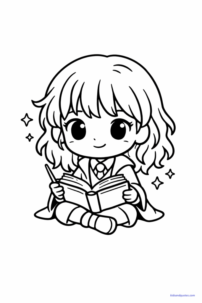 Coloring page of cute chibi Hermione Granger sitting cross-legged reading an open spell book, slightly messy hair, curious expression, small sparkles around book.