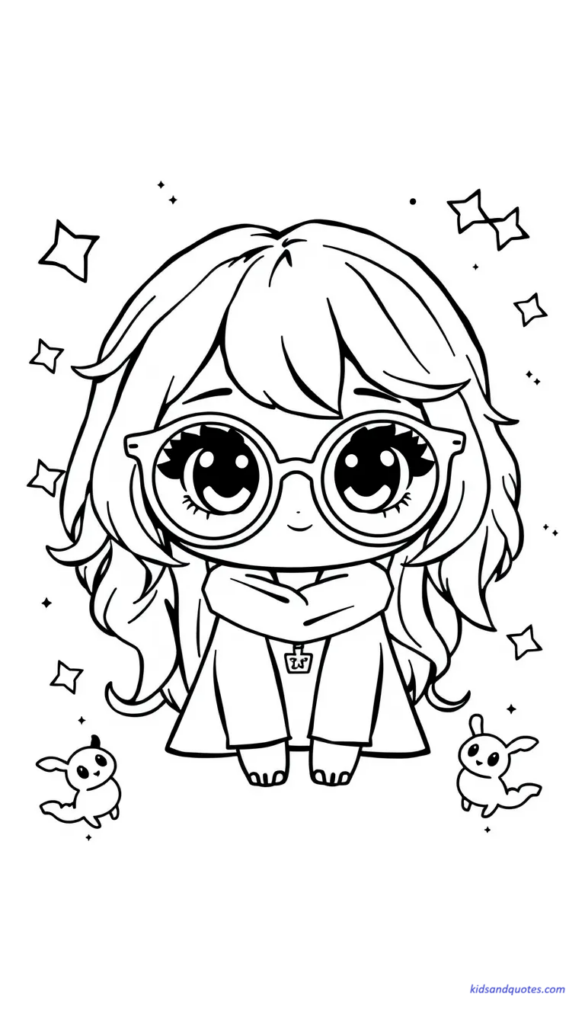 Coloring page of Luna with dreamy eyes, wearing quirky glasses, floating small magical creatures or stars around her.