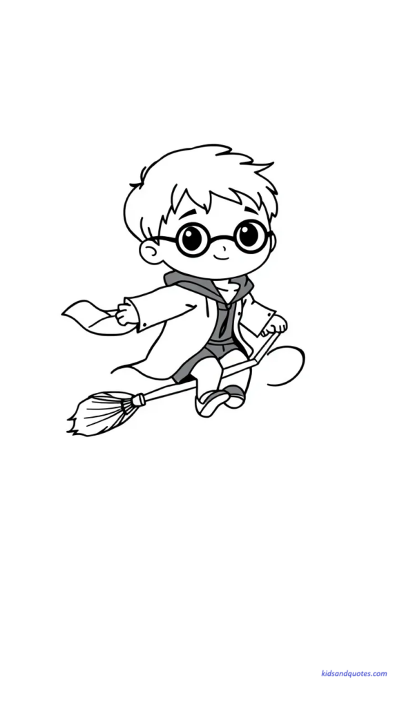 Cute chibi Harry Potter flying on a broomstick with simple motion lines, balanced pose.