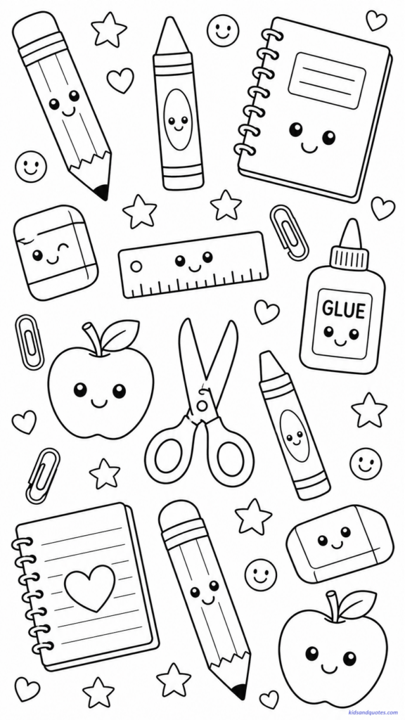 Pencils, crayons, erasers, rulers, paper clips, notebooks, glue, scissors, stars, tiny smiley faces, apples, and small hearts.