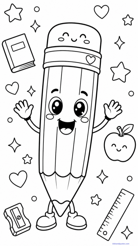Back to school coloring page: A cute smiling pencil, with a big friendly smile, round eyes, tiny waving hands, little feet, and a cute eraser top.