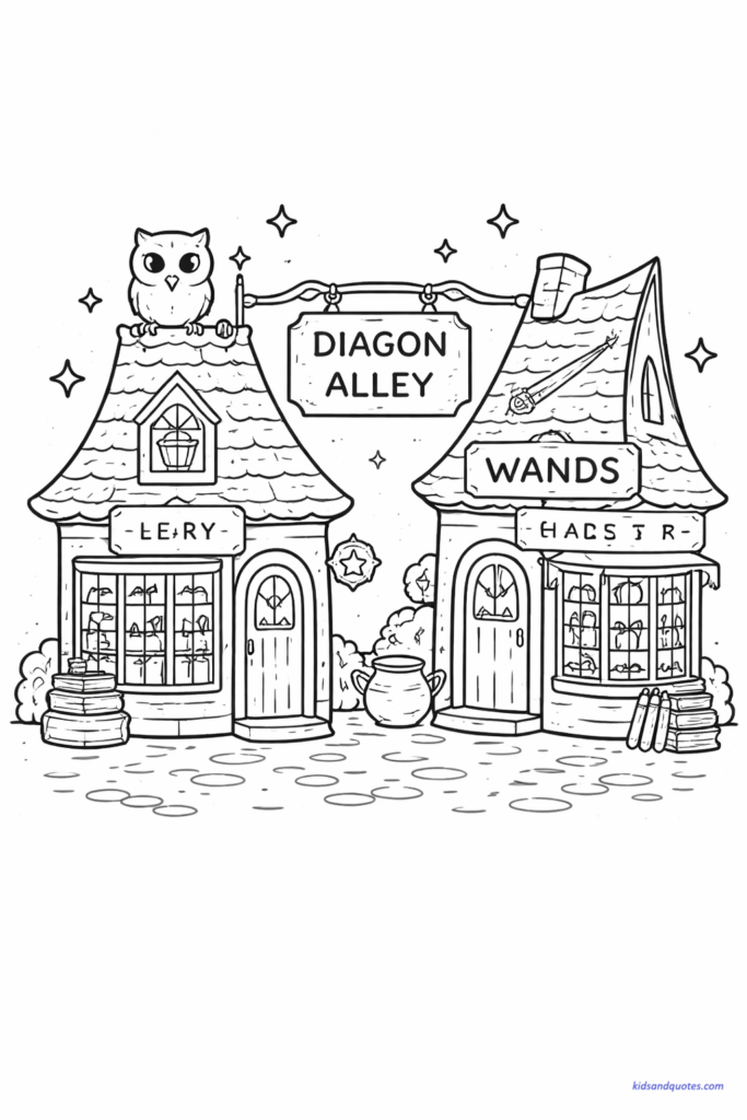 Coloring page of cute simplified Diagon Alley scene with small tilted shops and rounded roofs, cozy storefront style.