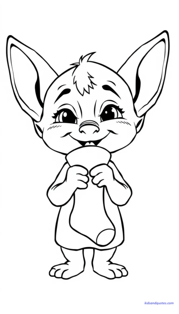 Coloring page of cute chibi Dobby holding a sock happily, oversized ears, joyful expression, playful stance.