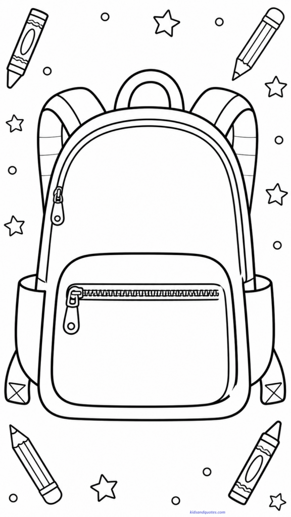 Coloring page featuring a large blank backpack outline in the center. 