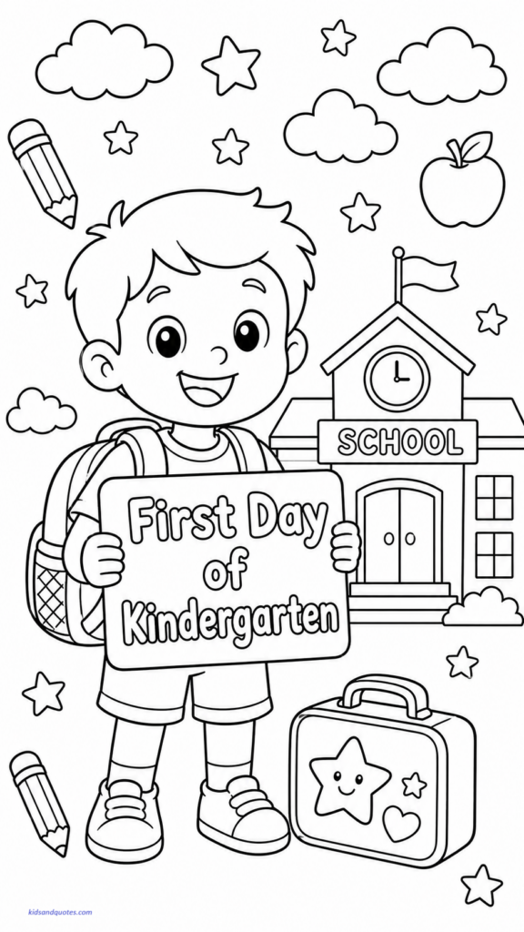 Coloring page showing a child holding a sign that says “First Day of Kindergarten.”