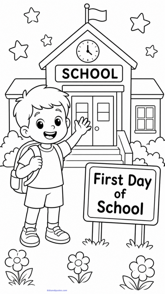 Coloring page of a happy child standing outside a school building on the first day of school. 