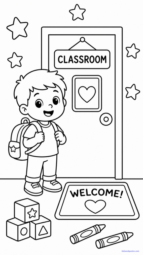 Printable coloring page showing a little preschooler with a tiny backpack standing near a classroom door.