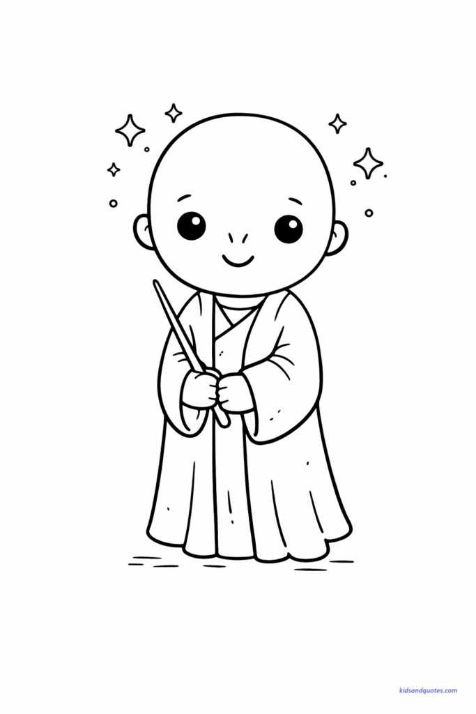 Cute softened cartoon version of Voldemort with rounded face and non-threatening expression, simple robe.