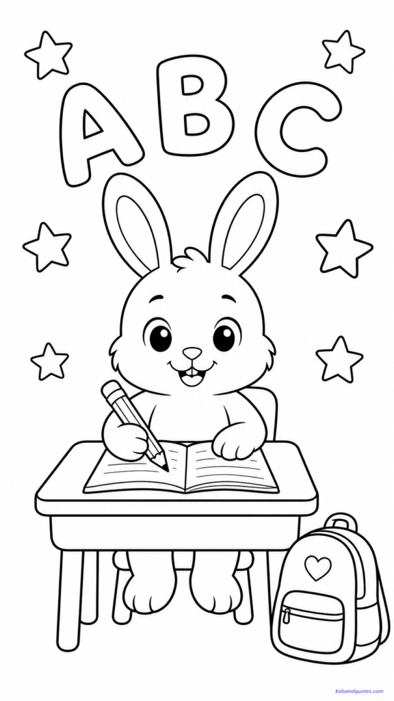Coloring page of a cute classroom animal sitting at a small school desk.
