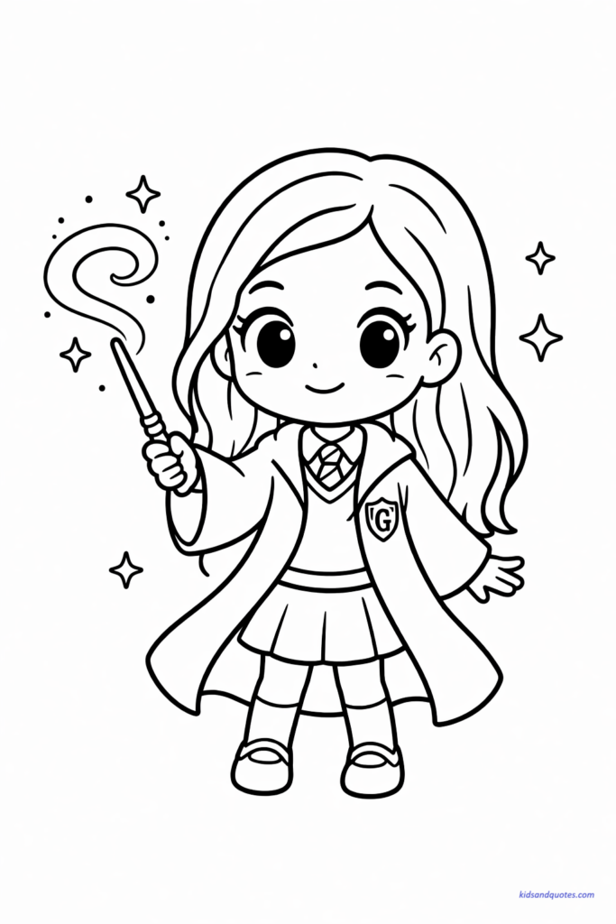 Coloring page of cute chibi Ginny Weasley holding a wand casting a small swirl of magic, confident gentle smile, simple robe.