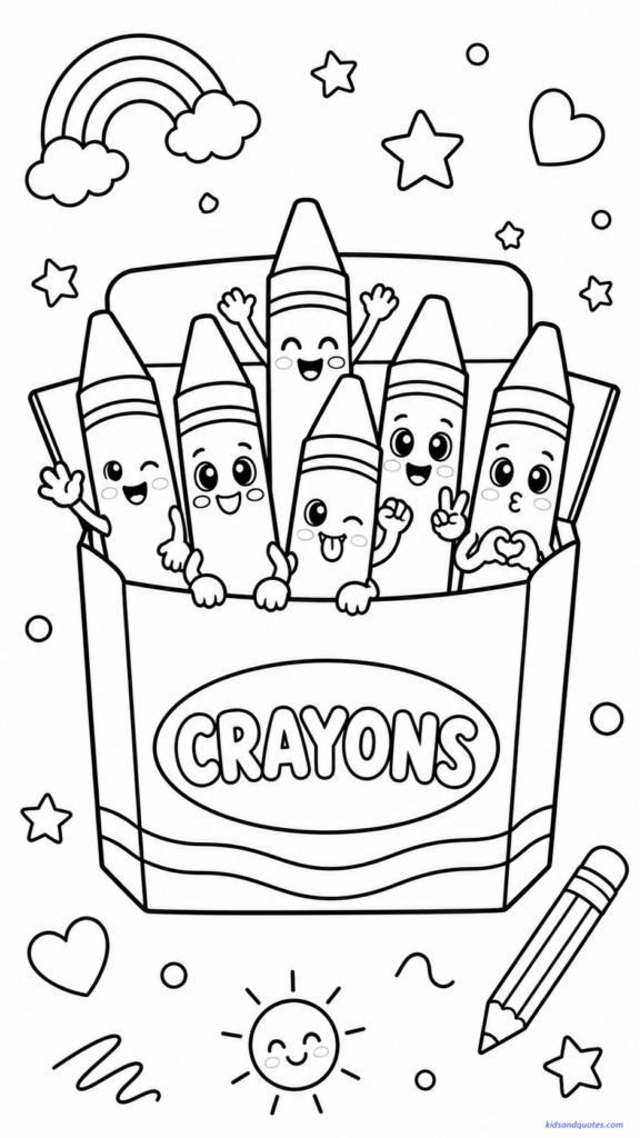 Coloring page of a cute open crayon box in the center with several smiling crayons peeking out.