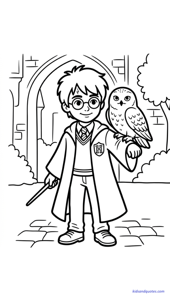 Harry Potter standing with Hedwig perched beside him, simple robes and glasses.

