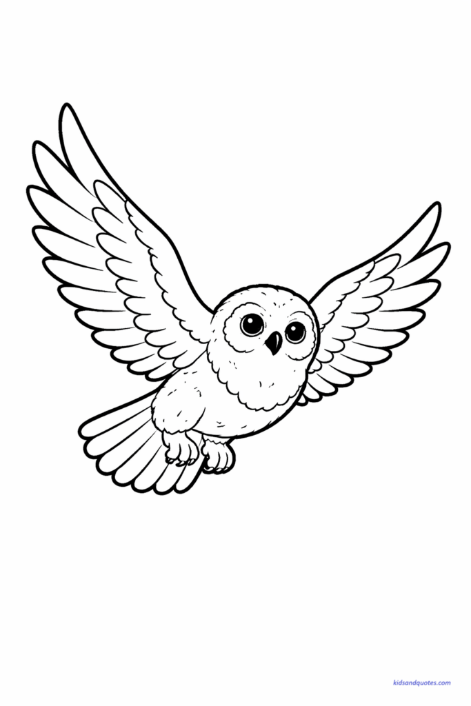 Hedwig flying with wings fully spread, mid-air pose, simple feather details, open space around.