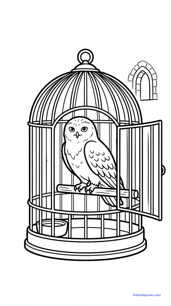 Hedwig sitting inside a simple open cage, clean bars.