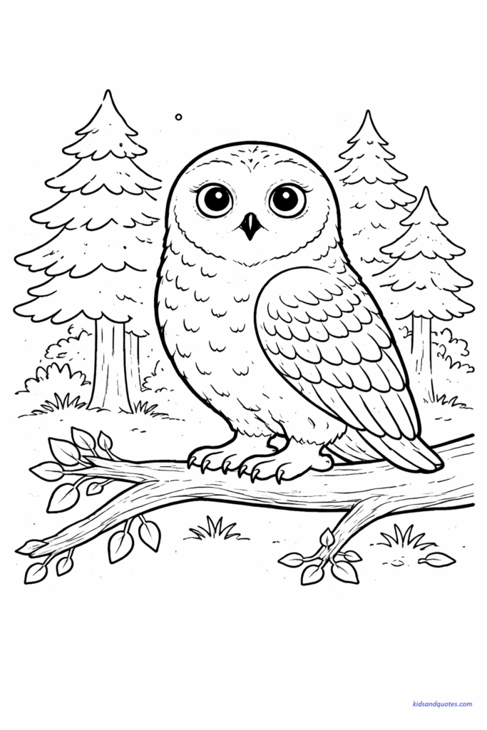 Hedwig perched on a branch with simple trees in background, minimal nature elements, calm scene.