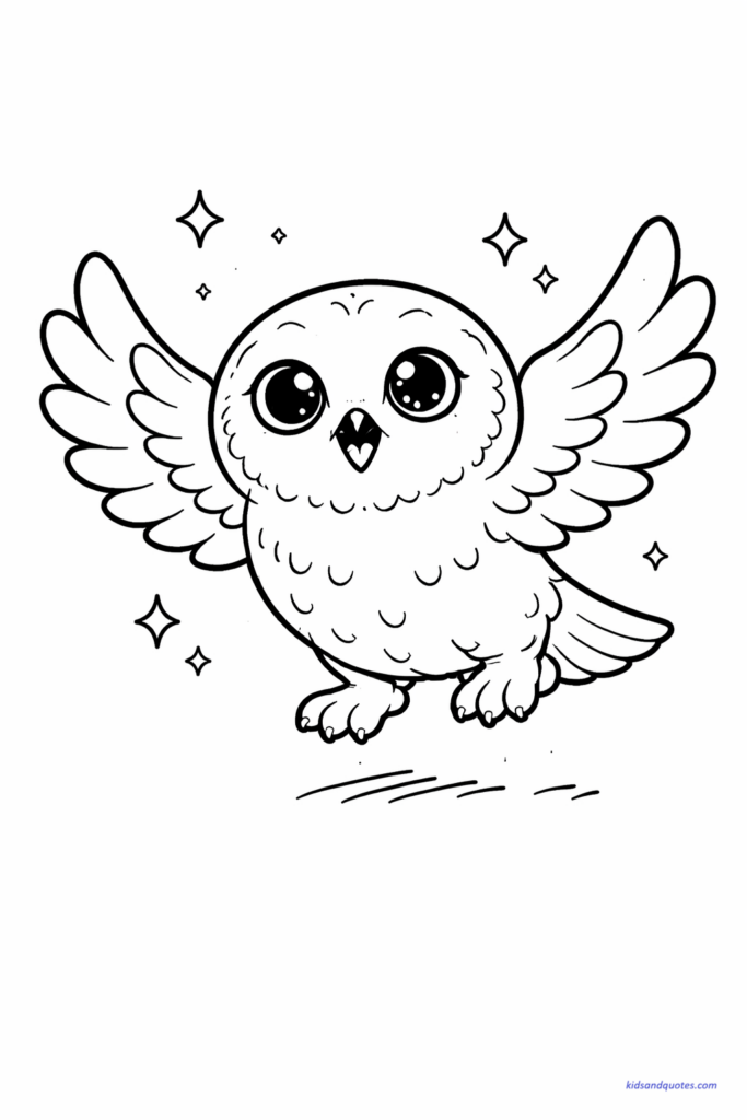 Playful cartoon Hedwig with exaggerated expressions, simple wings, fun pose.