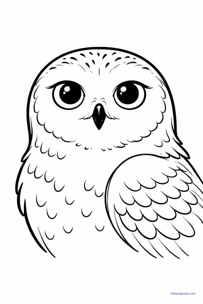 Close-up of Hedwig’s face and upper body, large expressive eyes, simple feather lines, centered framing.