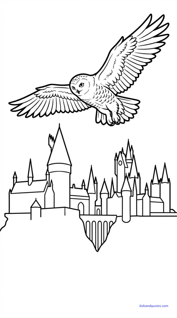 Hedwig flying above a simple Hogwarts-style castle silhouette, minimal tower shapes.