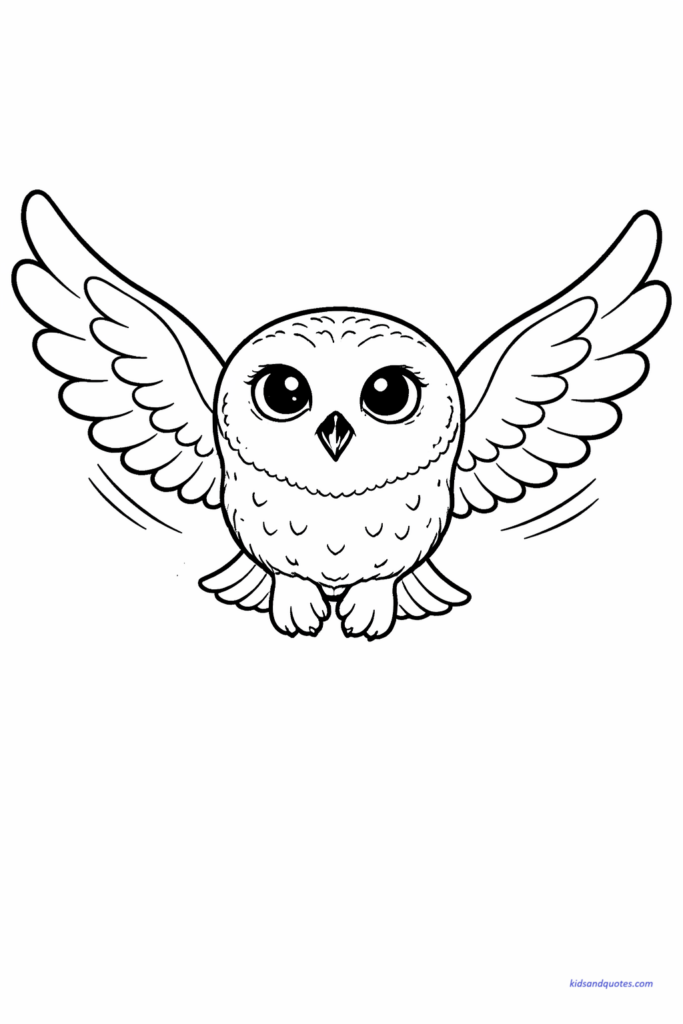 Hedwig flying forward toward viewer, wings slightly angled forward, engaging perspective.