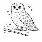 18 Harry Potter Coloring Pages Featuring Hedwig: A symbolic Harry Potter owl coloring page, featuring Hedwig alongside a wand.