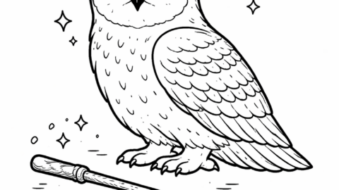 18 Harry Potter Coloring Pages Featuring Hedwig: A symbolic Harry Potter owl coloring page, featuring Hedwig alongside a wand.
