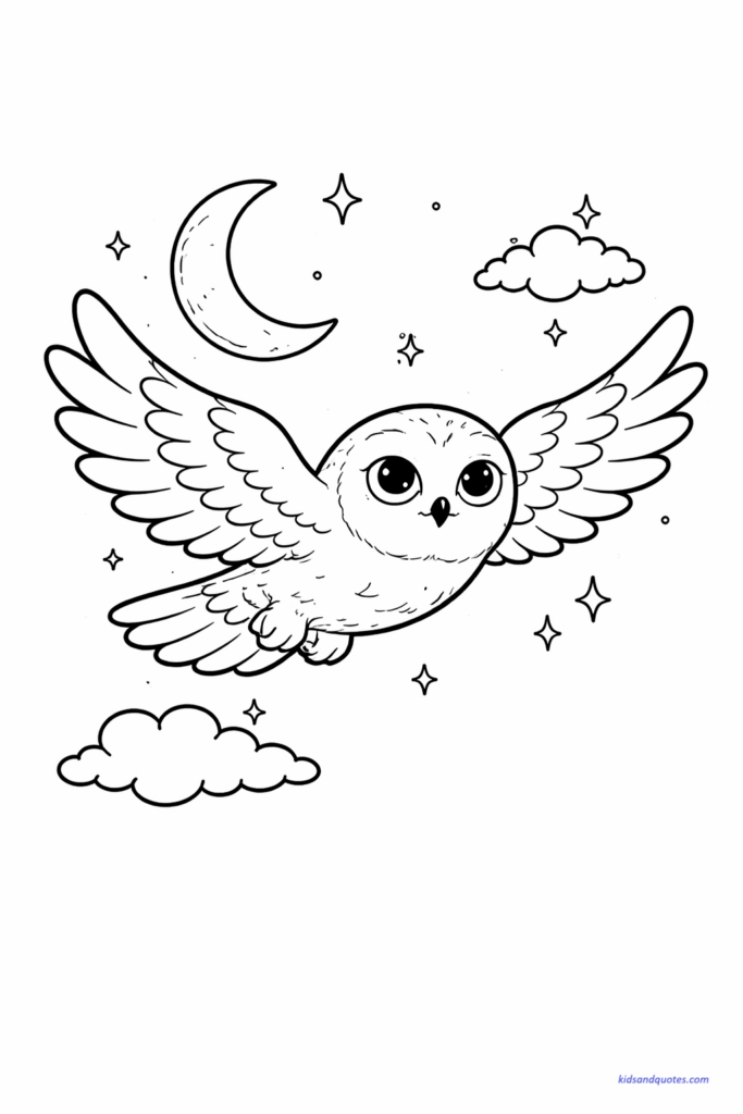 Hedwig flying with simple moon and stars in background.