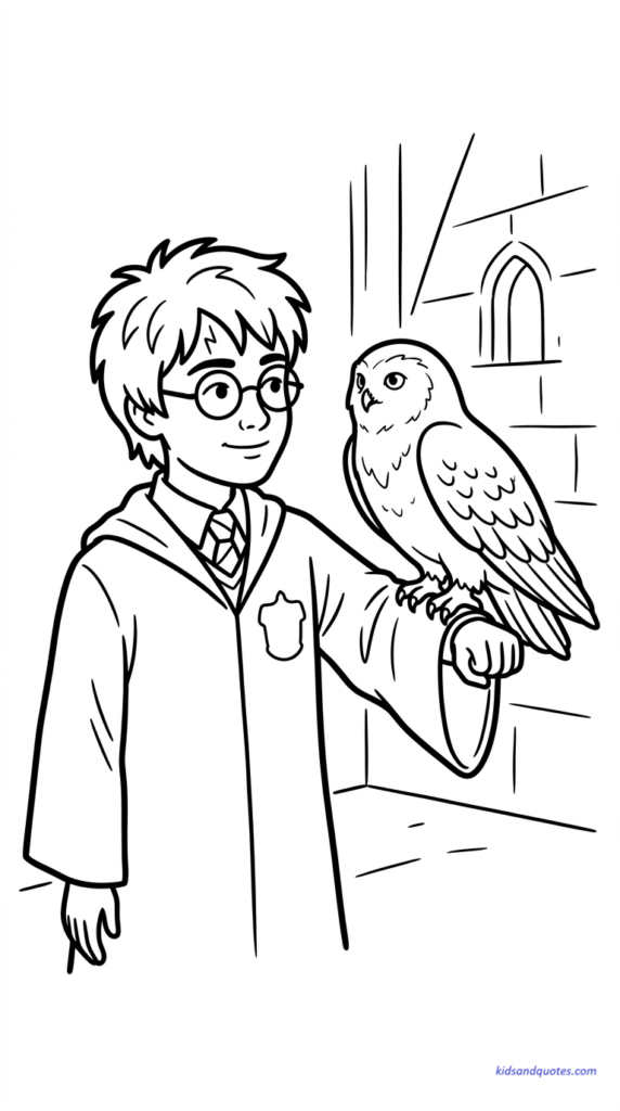 Harry Potter holding Hedwig on his arm, calm bonding moment, simple robe lines.