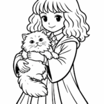 Free Harry Potter Coloring Pages Featuring Hermione: Hermione holding a fluffy cat, calm bonding pose, simple robe.