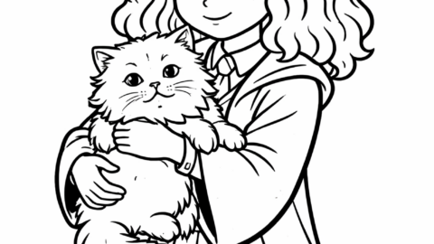 Free Harry Potter Coloring Pages Featuring Hermione: Hermione holding a fluffy cat, calm bonding pose, simple robe.