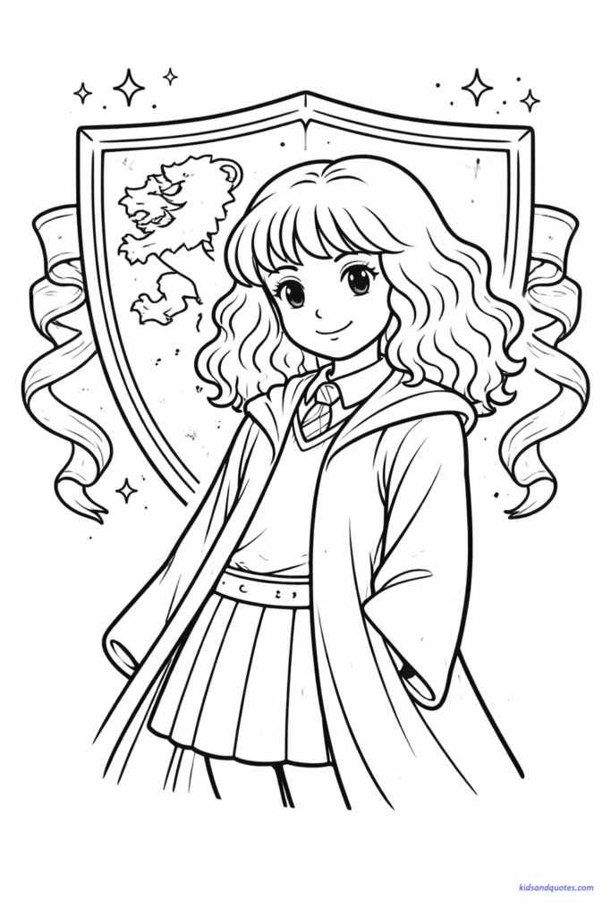 A bold Gryffindor Hermione coloring page, combining her character with house pride elements from the Wizarding World.