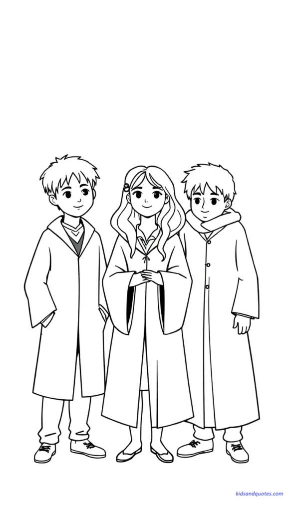 A friendly Harry Ron Hermione coloring page, highlighting their trio bond, perfect for kids who enjoy scenes from the Harry Potter story.