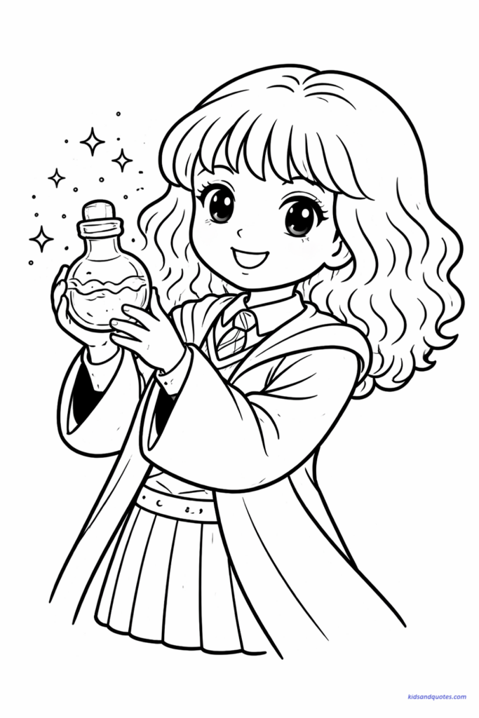A potions class Hermione coloring page, with her holding a bottle, adding variety and a subtle magical learning theme.
