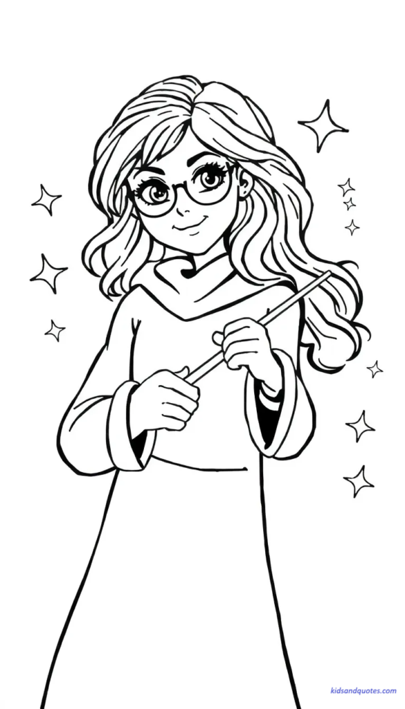 A creative Hermione wand coloring page, featuring simple magical sparks, giving kids freedom to explore colors and imagination.