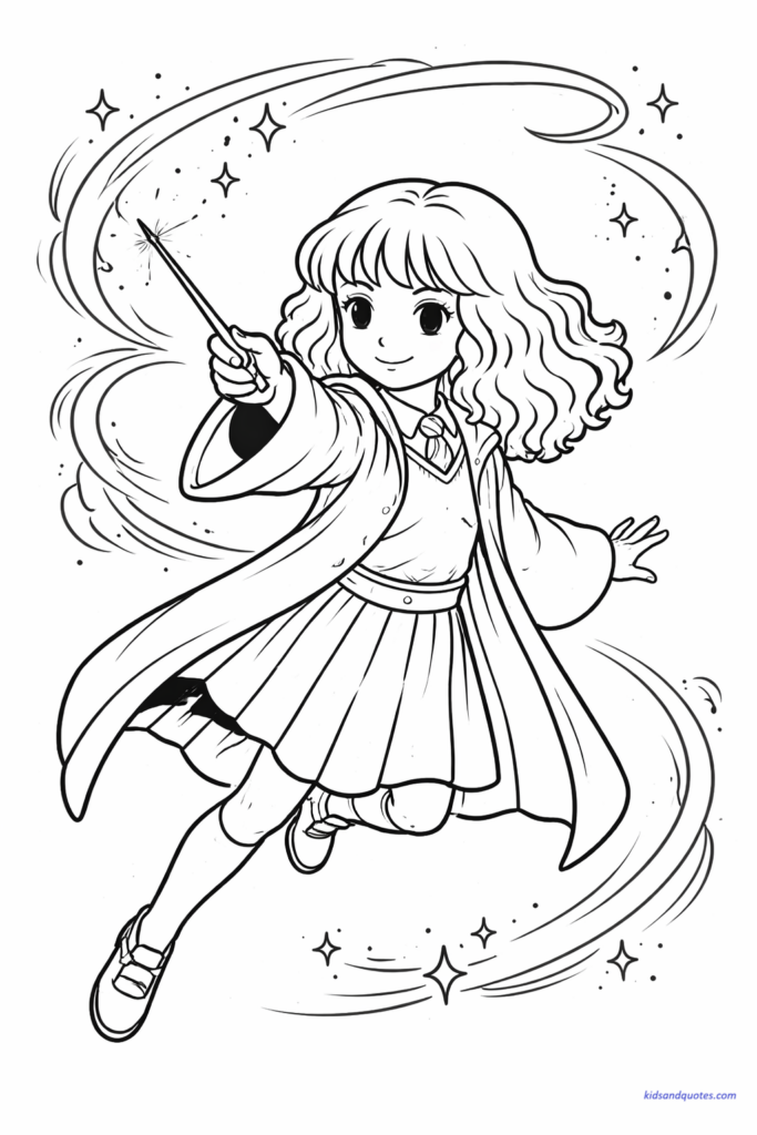 A fun wizard girl printable coloring page, with Hermione practicing magic, simple spell effects keeping the design easy and engaging.
