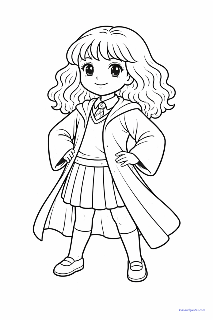 A strong Hermione Granger printable coloring page, showing her standing confidently, capturing her calm strength and leadership.