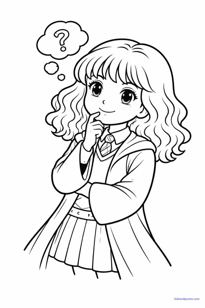 A thoughtful Hermione portrait coloring page, showing her thinking, reflecting her intelligent and problem-solving personality.