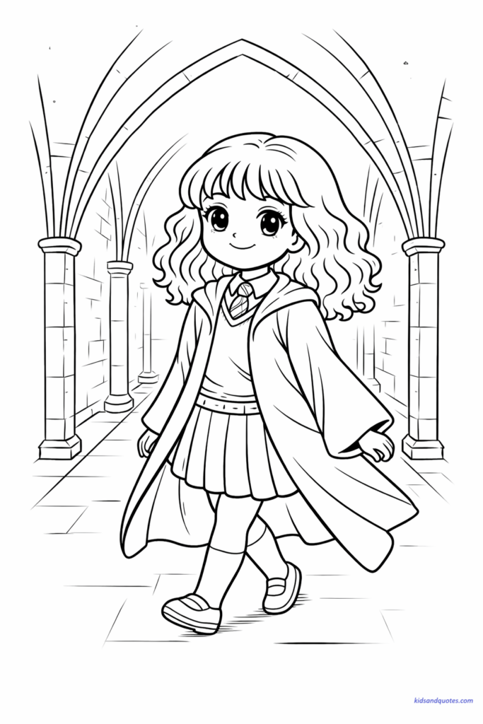 A Hogwarts scene coloring page with Hermione walking through castle corridors, blending character and setting naturally.