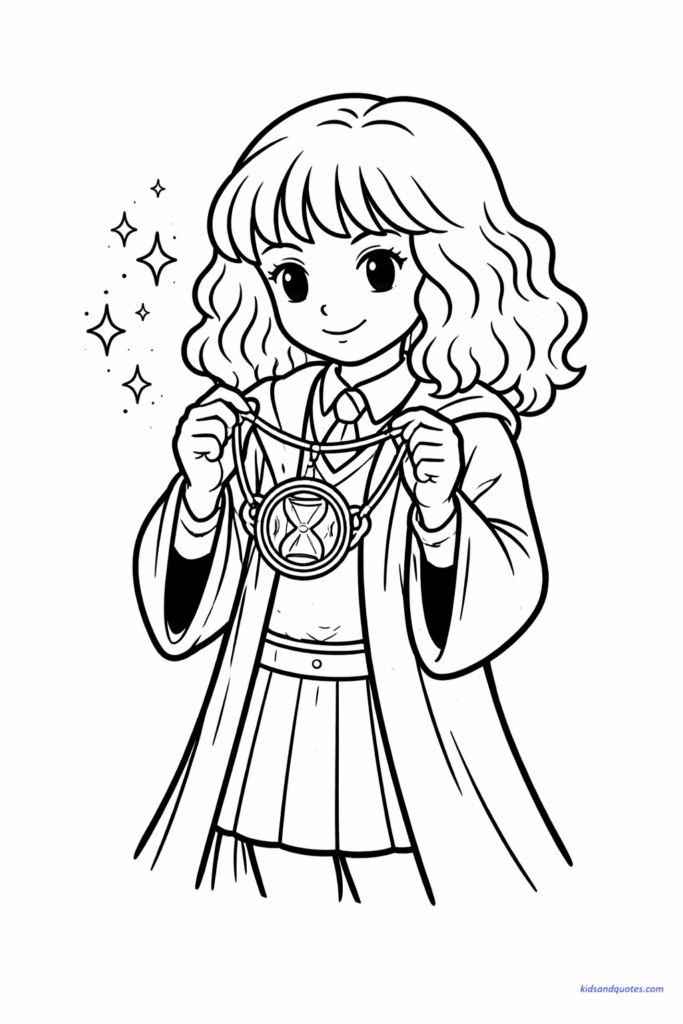 An iconic Hermione Time-Turner coloring page, inspired by magical time travel, adding curiosity and storytelling depth.
