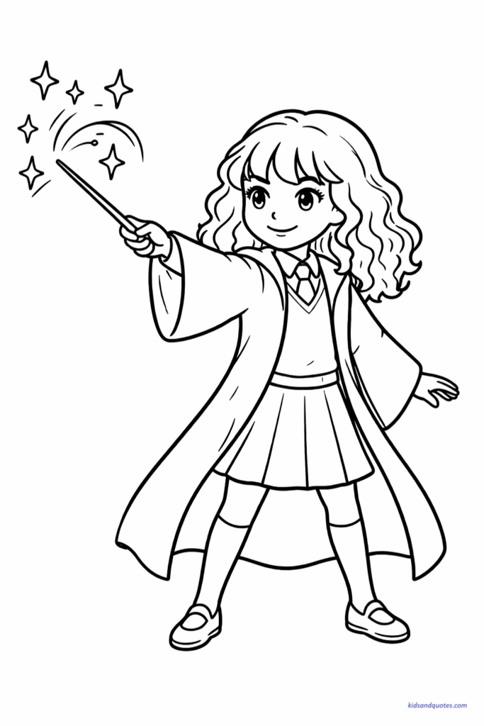 A magical Hermione Granger coloring page with her casting a simple spell, capturing her confident energy and love for learning magic in the Wizarding World.
