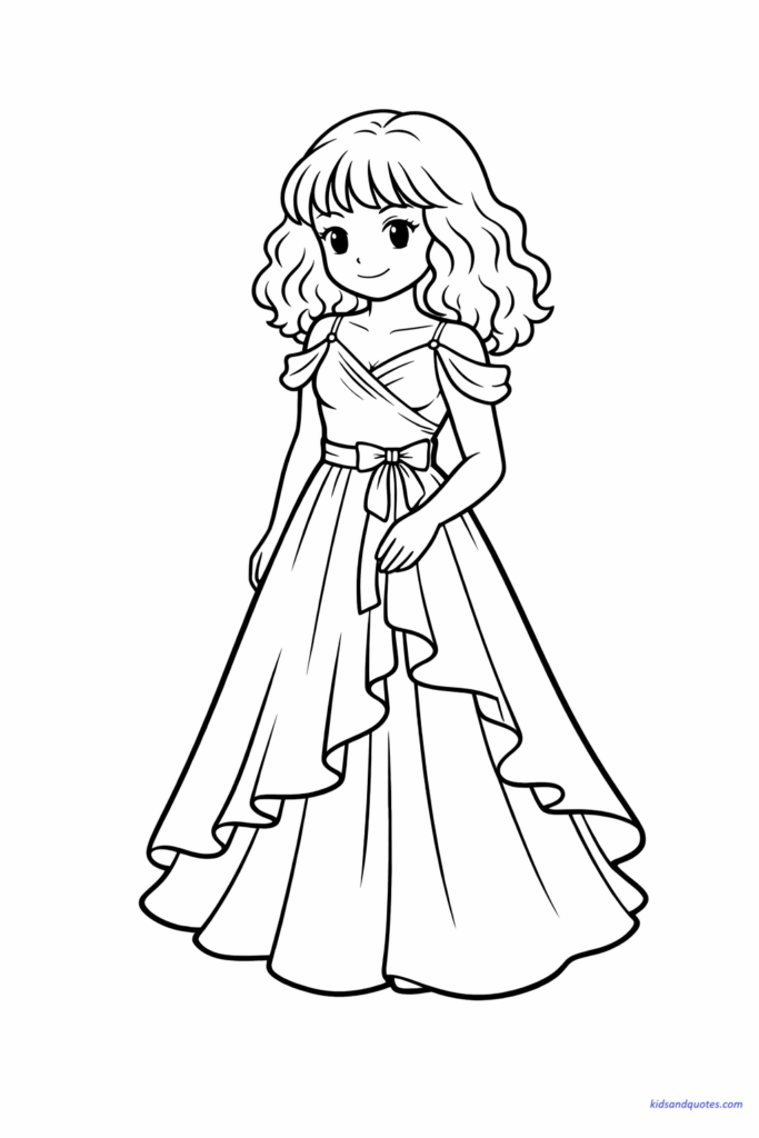 An elegant Hermione Yule Ball coloring page, showing her in a flowing dress, offering a graceful and slightly different side of her character.