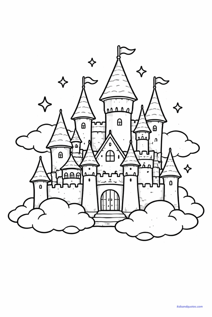 Cute simplified Hogwarts Castle with rounded towers and minimal windows, slightly whimsical proportions, soft clouds around.