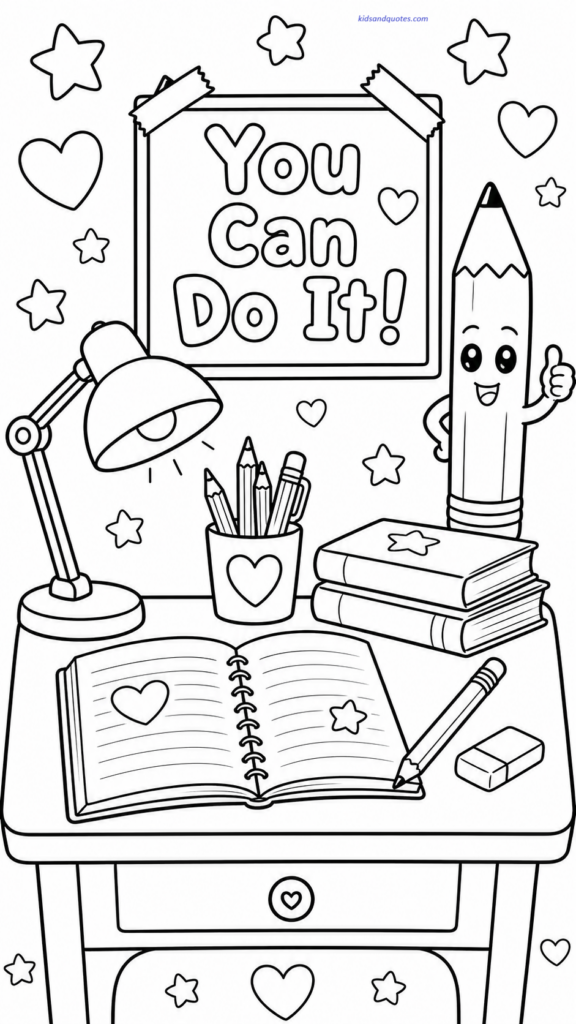 Coloring page showing a friendly homework desk scene - a desk, lamp, pencil, open notebook, eraser, books, and a cheerful sign that says “You Can Do It!” Add stars, hearts, and a smiling pencil character. 