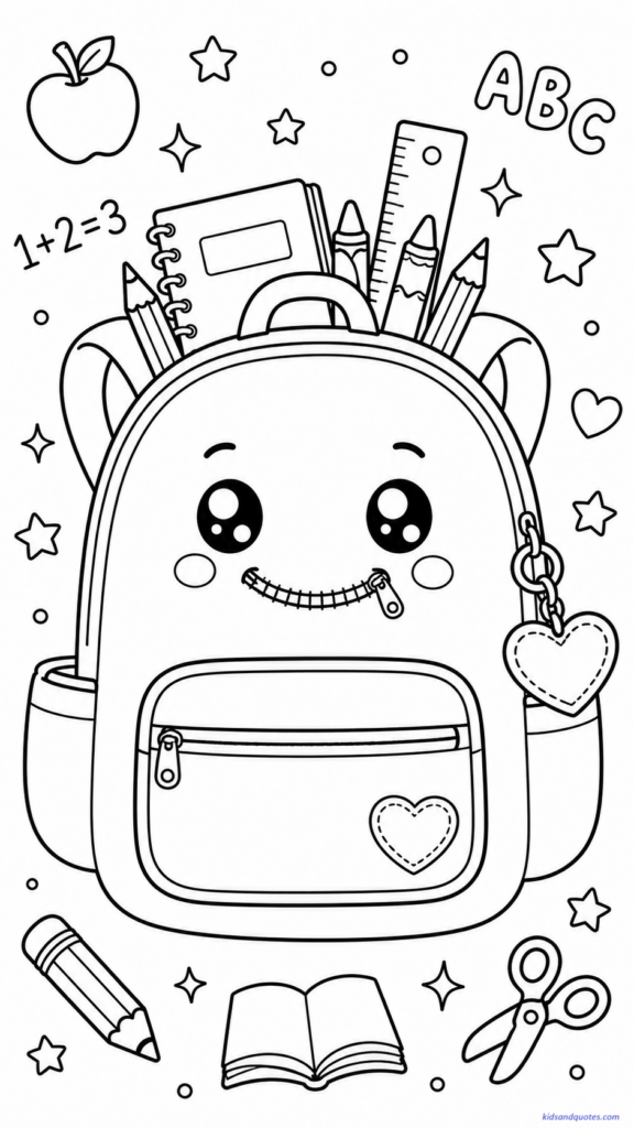 A cute kawaii backpack with big eyes, a zipper smile, front pocket, side pockets, and a heart-shaped keychain. Let pencils, a ruler, crayons, and a notebook peek out from the top.