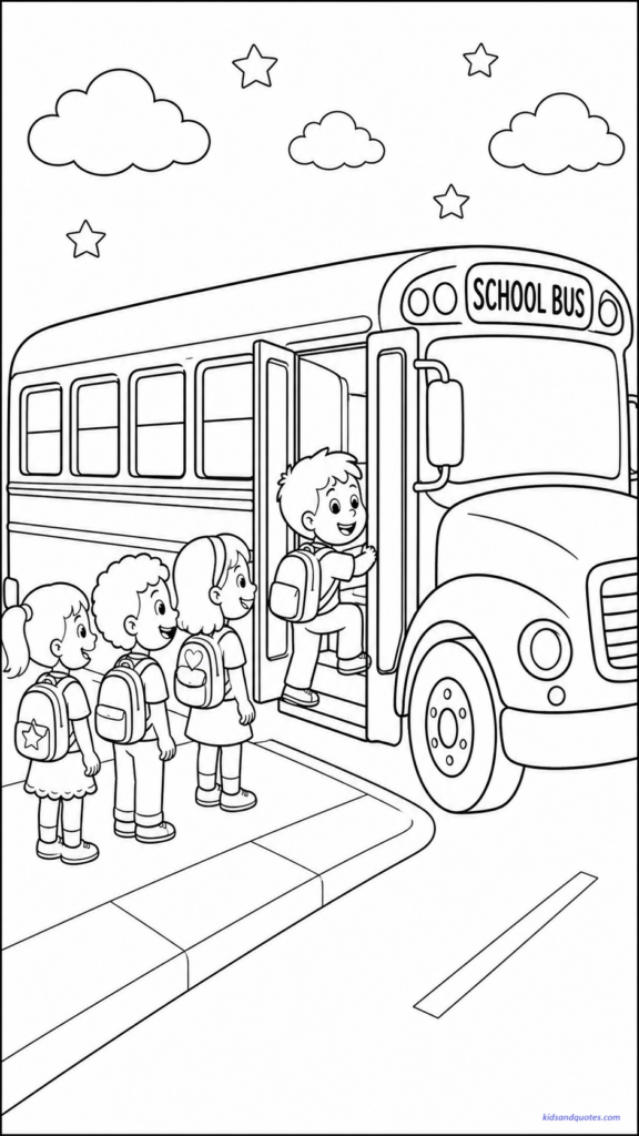 Coloring page showing a small group of happy children with backpacks lining up to get onto a school bus.